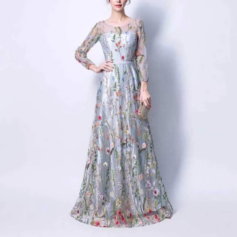 Lace Floral Long Prom Dress Quinceanera Dress Tulle Event Dress