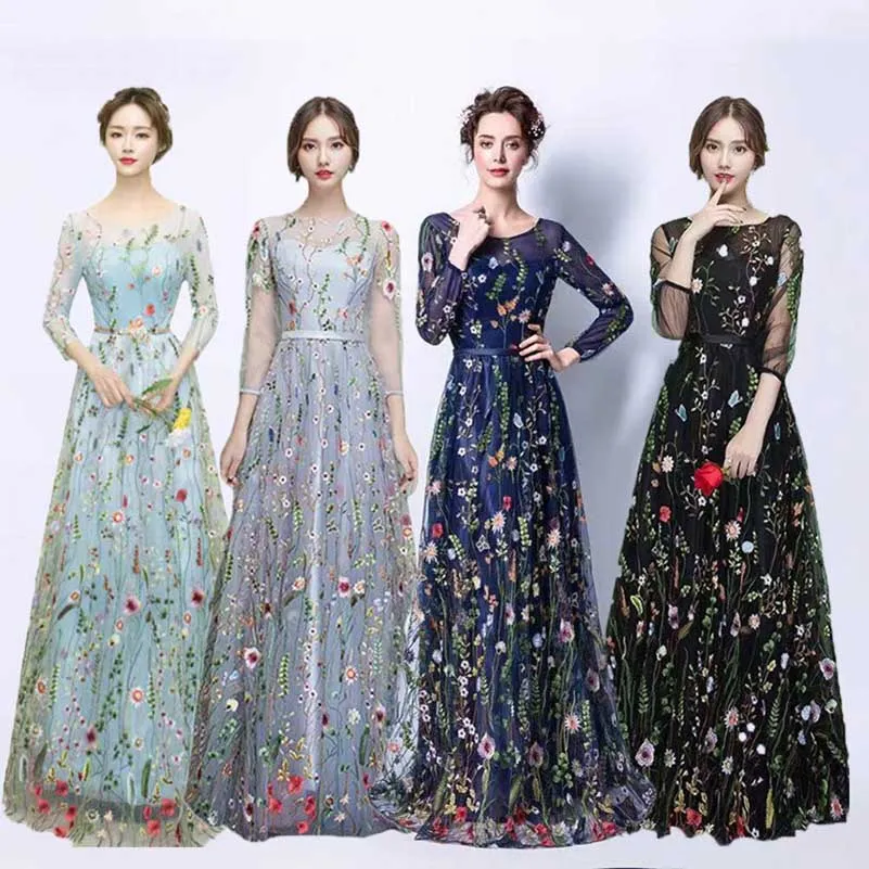 Lace Floral Long Prom Dress Quinceanera Dress Tulle Event Dress