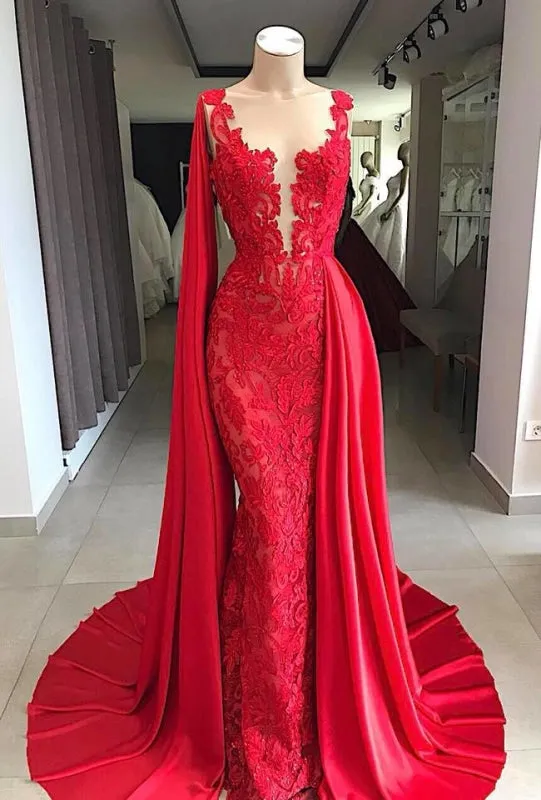 Lace Sleeveless Red Prom Dresses with Cape