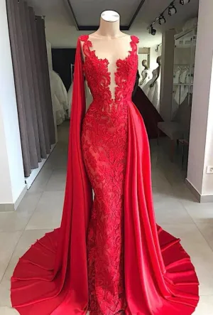 Lace Sleeveless Red Prom Dresses with Cape