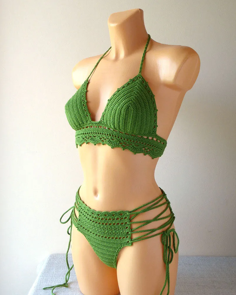 Lace Up Crochet Swimwear Set With Brazilian Bottom