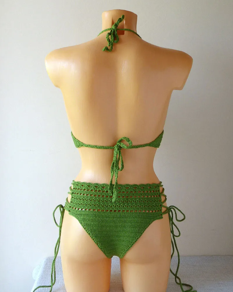 Lace Up Crochet Swimwear Set With Brazilian Bottom