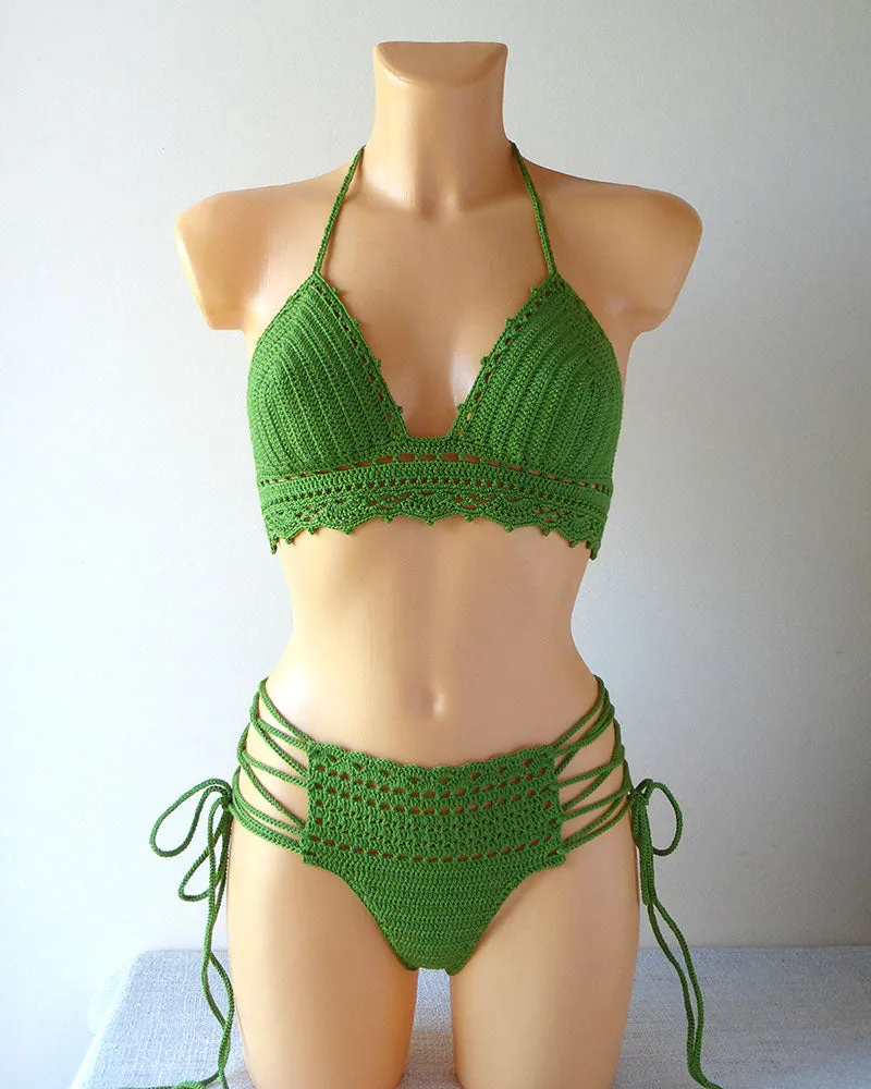 Lace Up Crochet Swimwear Set With Brazilian Bottom