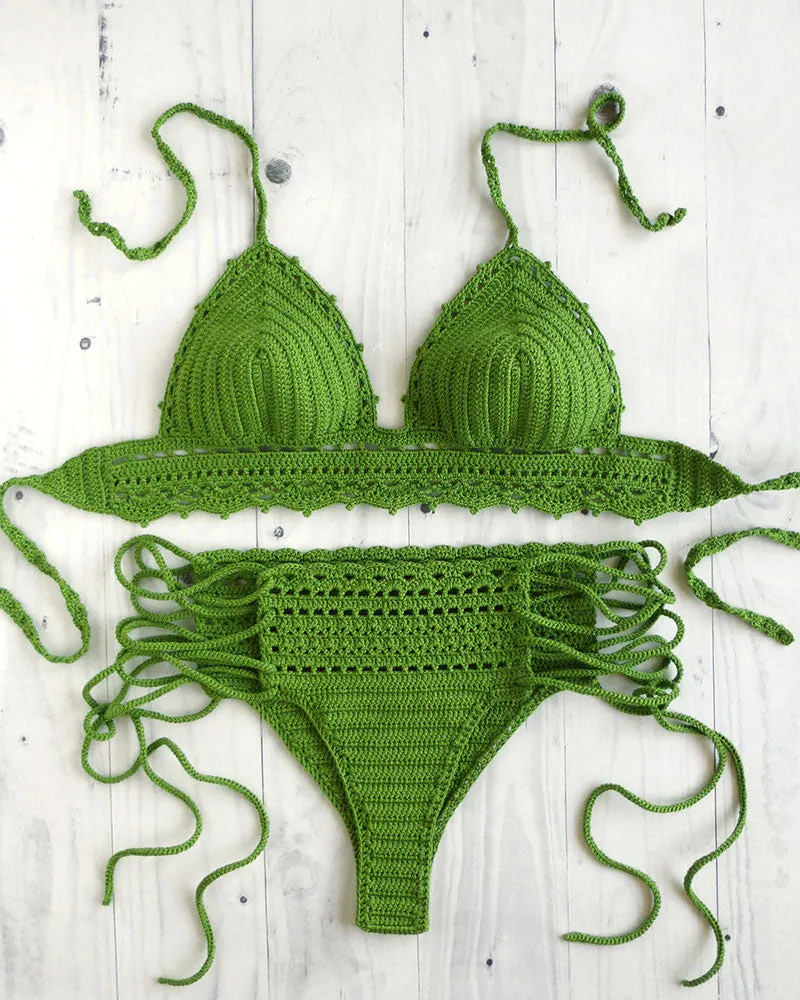 Lace Up Crochet Swimwear Set With Brazilian Bottom