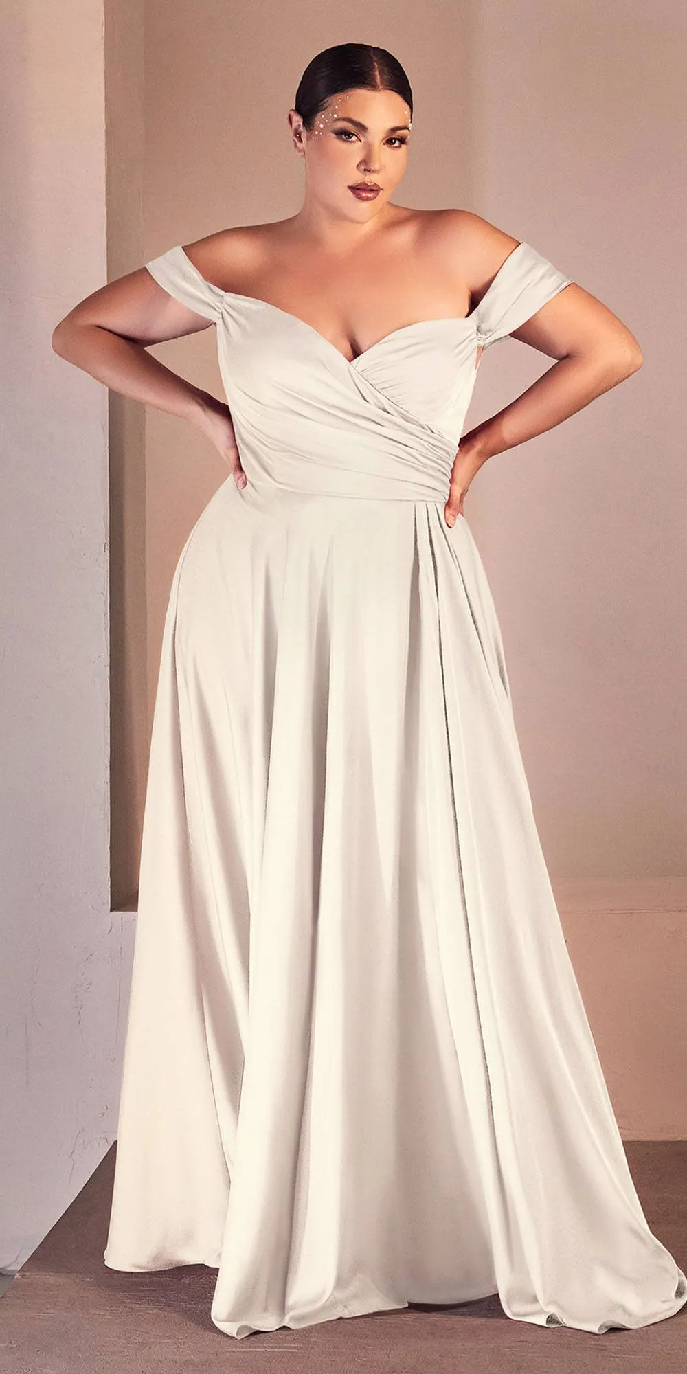 Ladivine 7493W Long A-Line Off the Shoulder Satin Bridal Dress