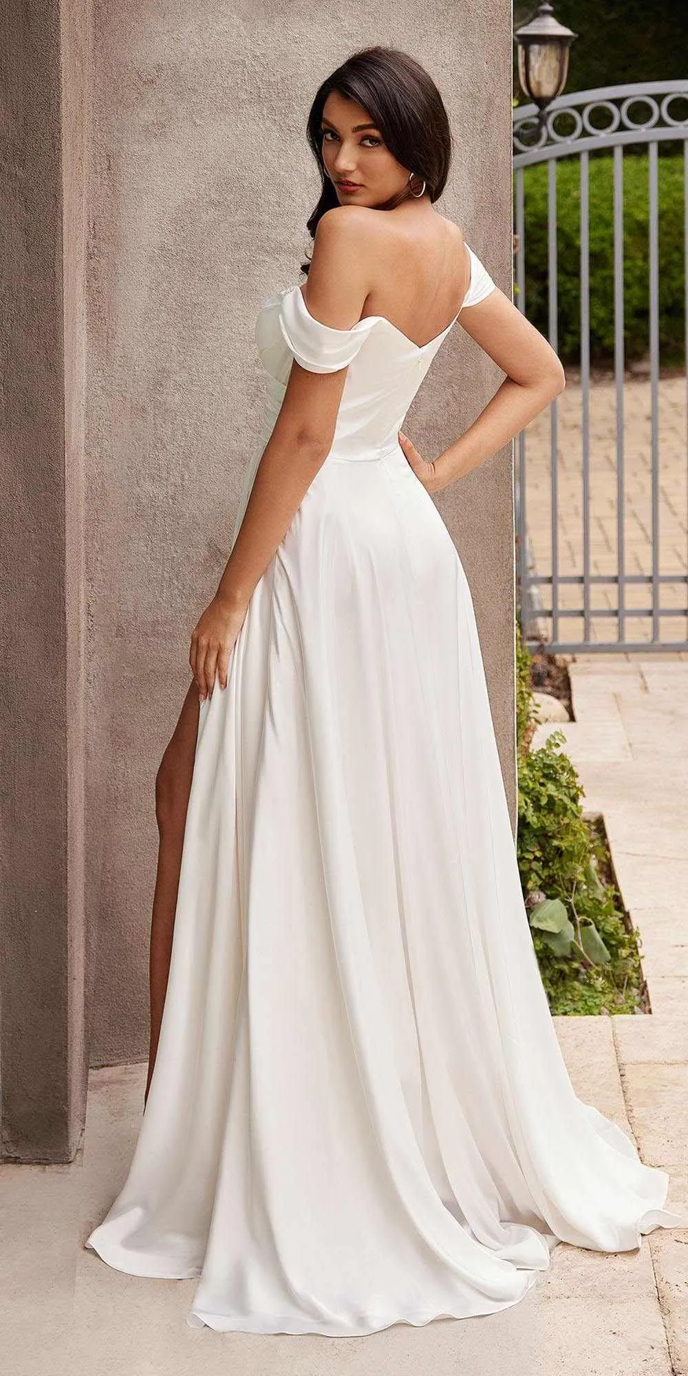 Ladivine 7493W Long A-Line Off the Shoulder Satin Bridal Dress