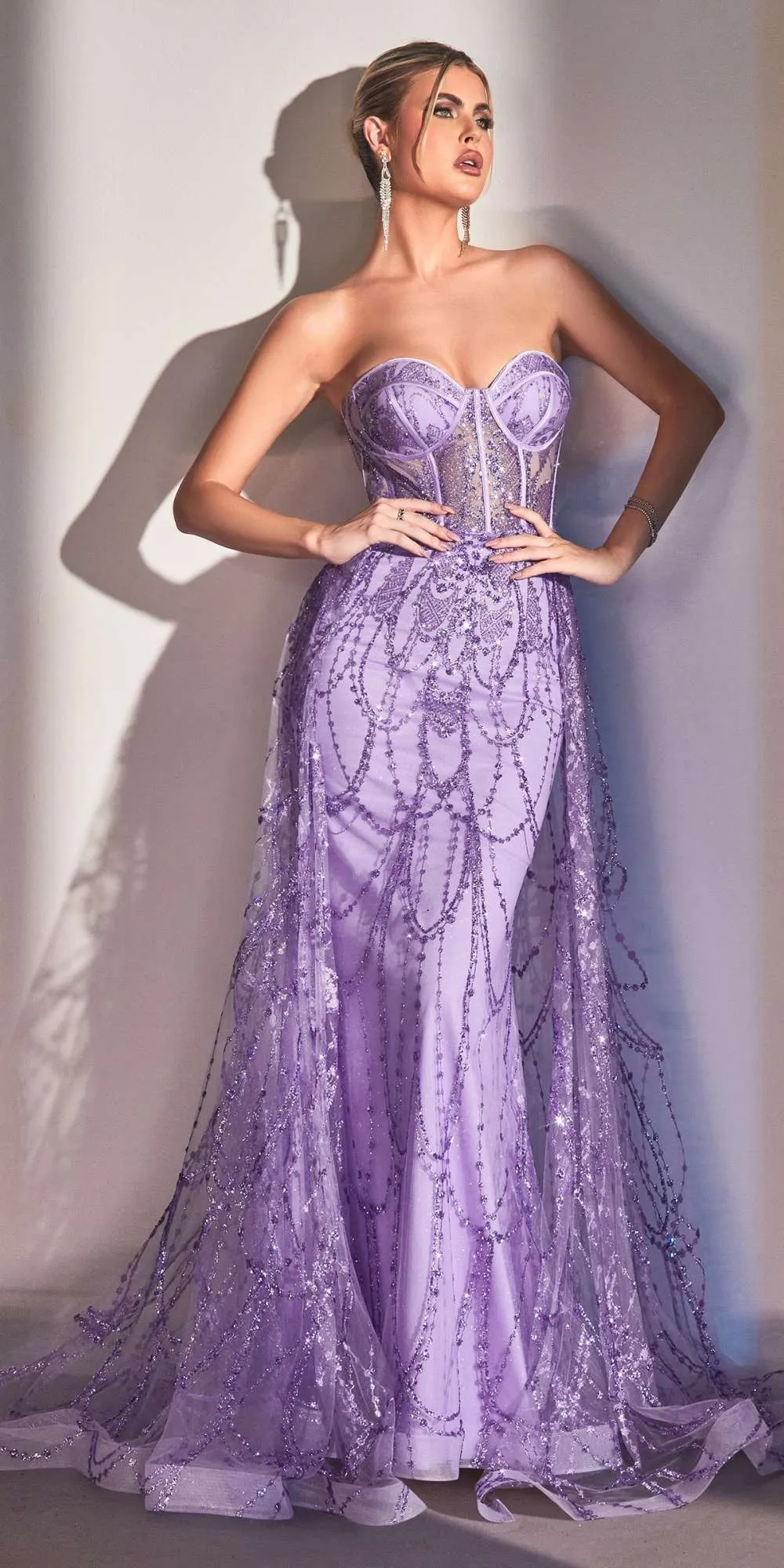 Ladivine CB095 Strapless Lace Fitted Gown with Over Skirt