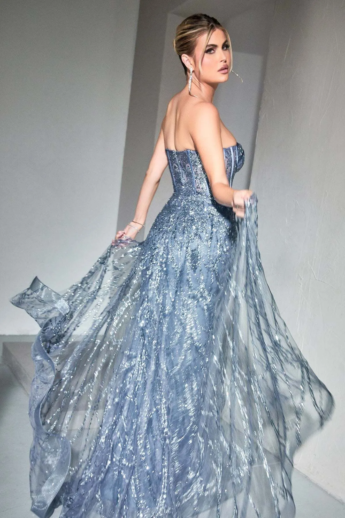 Ladivine CB095 Strapless Lace Fitted Gown with Over Skirt