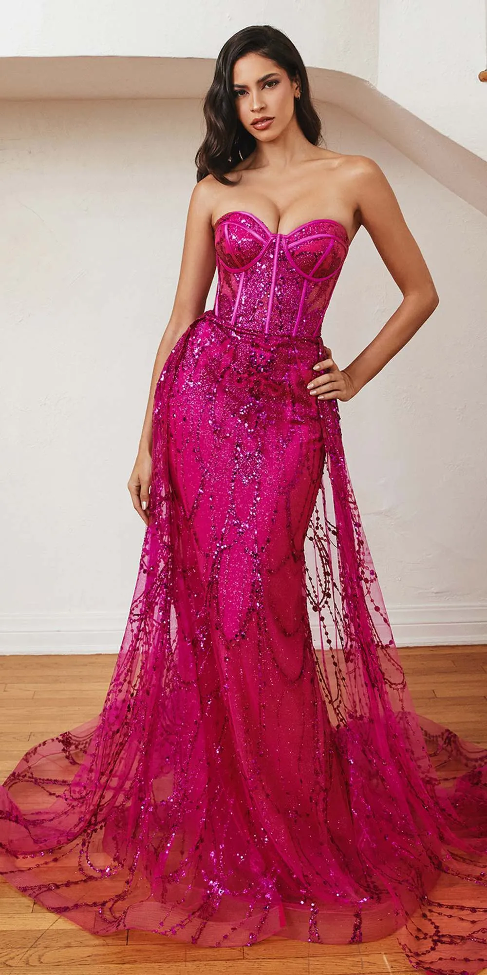 Ladivine CB095 Strapless Lace Fitted Gown with Over Skirt