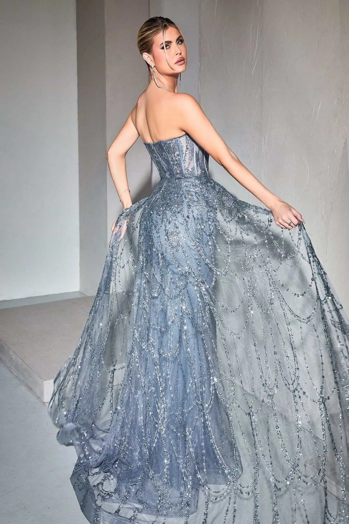 Ladivine CB095 Strapless Lace Fitted Gown with Over Skirt