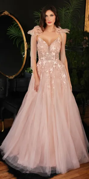 Ladivine CB097 Long A-Line Tulle Gown with Floral Detail