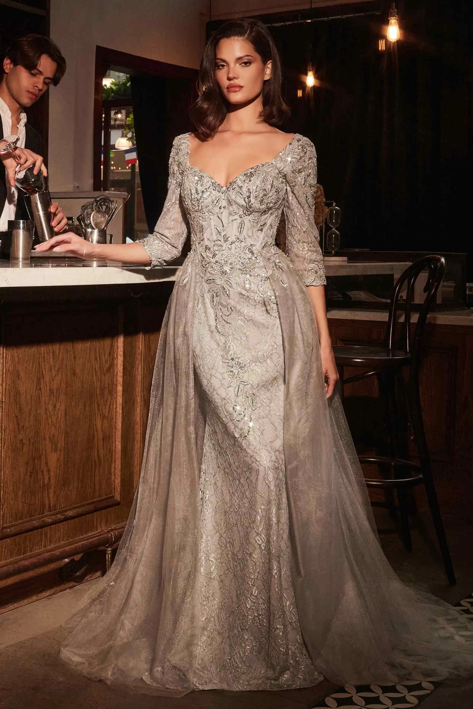 Ladivine CD749 Dress Lone Sleeve Lace Fitted Mother of the Bride Dress