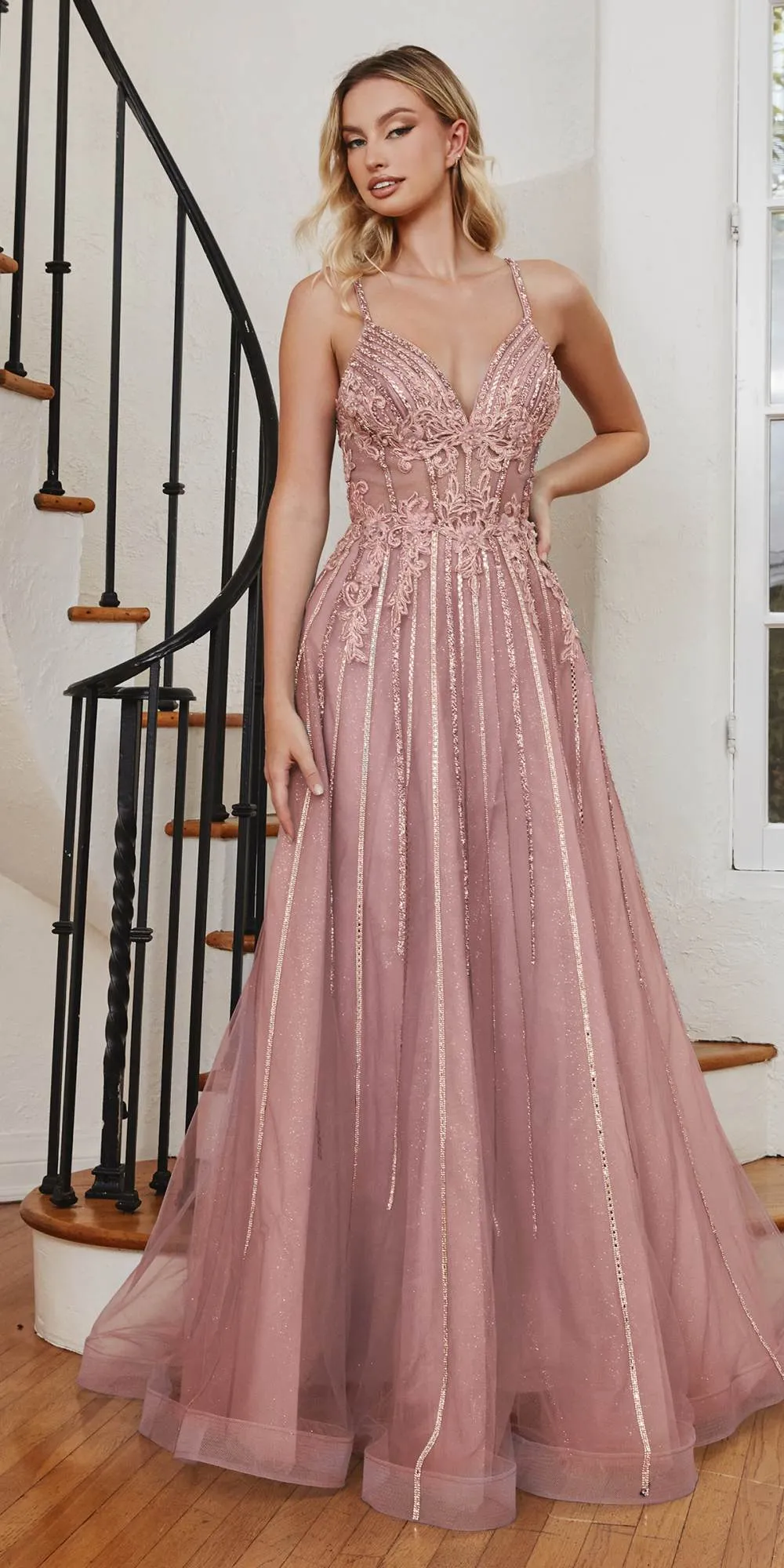 Ladivine CD994 Long A-Line Beaded Tulle Gown Lace Detail V-Neck