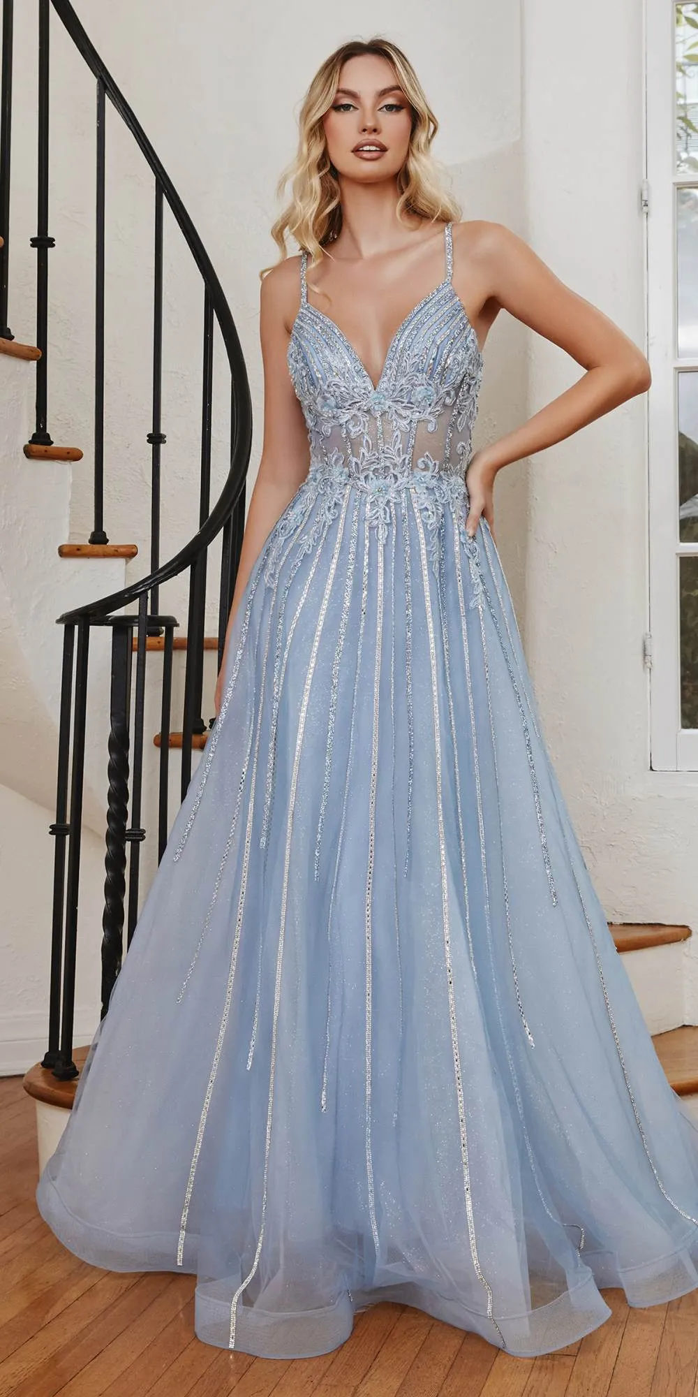Ladivine CD994 Long A-Line Beaded Tulle Gown Lace Detail V-Neck