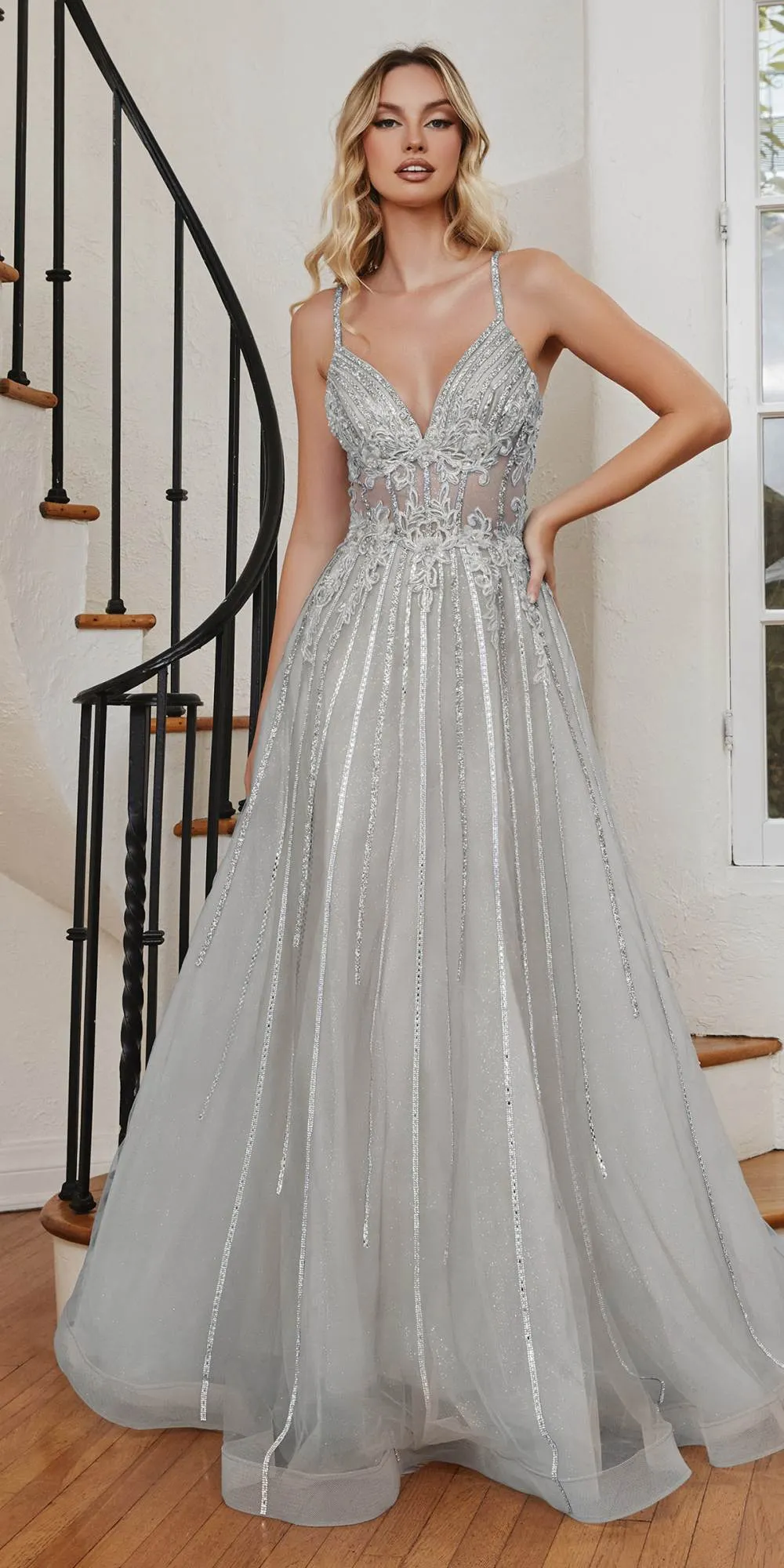Ladivine CD994 Long A-Line Beaded Tulle Gown Lace Detail V-Neck