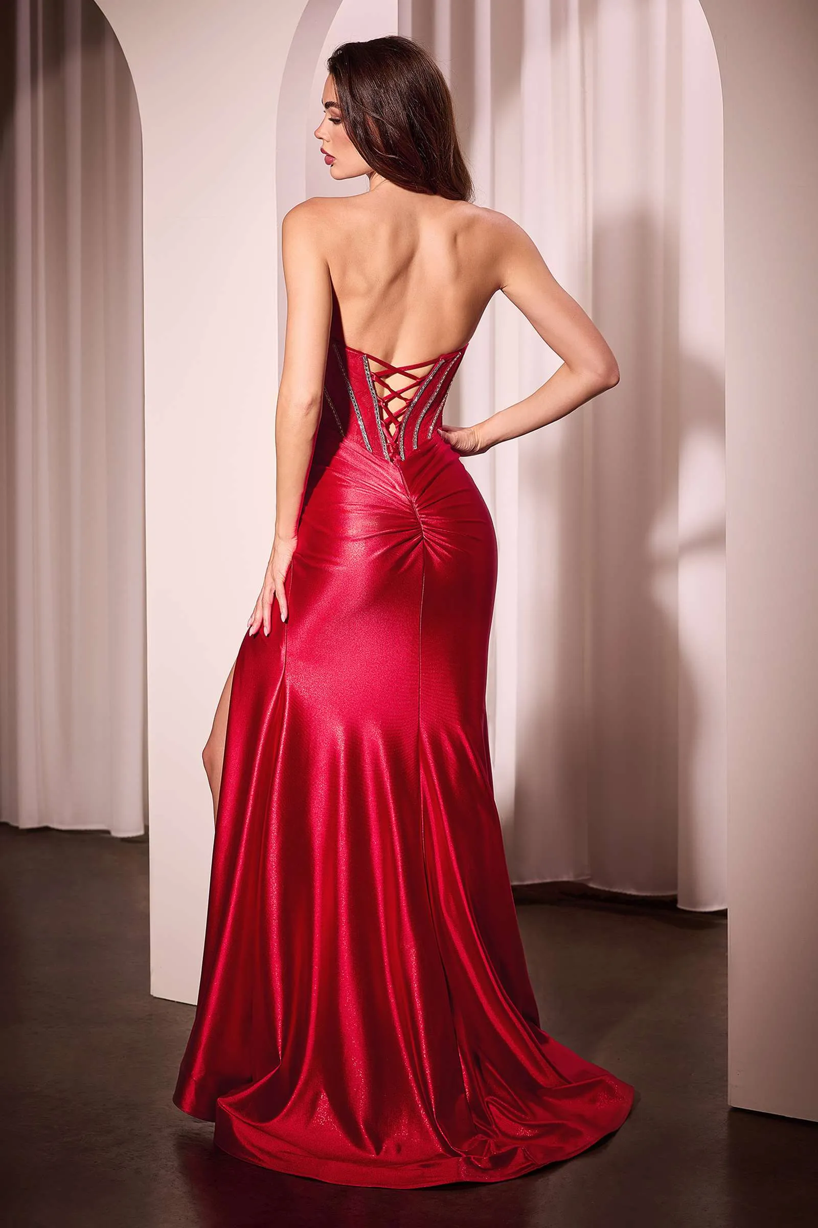Ladivine CM368 Dress Strapless Lace Bodice Satin Fitted Gown