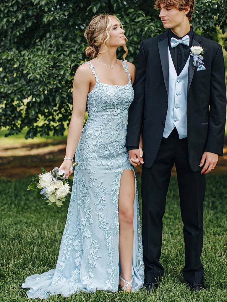 Long Mermaid Lace Light Blue Formal Prom Dresses Open Back