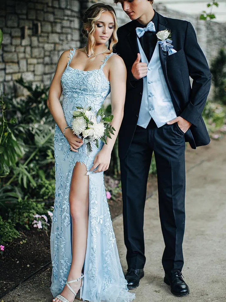 Long Mermaid Lace Light Blue Formal Prom Dresses Open Back