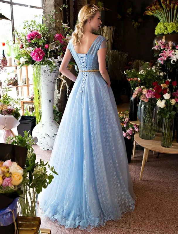 Long Prom Dresses Luxury V Neck Rhinestones Beading Cap Sleeve Pleated Lace Tulle Baby Blue Formal Evening Dresses