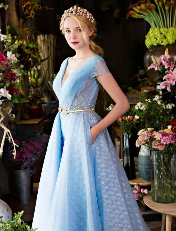 Long Prom Dresses Luxury V Neck Rhinestones Beading Cap Sleeve Pleated Lace Tulle Baby Blue Formal Evening Dresses