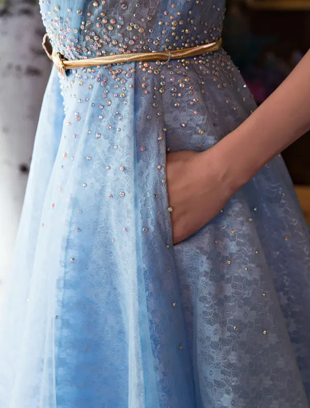 Long Prom Dresses Luxury V Neck Rhinestones Beading Cap Sleeve Pleated Lace Tulle Baby Blue Formal Evening Dresses