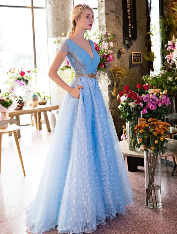 Long Prom Dresses Luxury V Neck Rhinestones Beading Cap Sleeve Pleated Lace Tulle Baby Blue Formal Evening Dresses