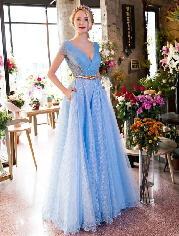 Long Prom Dresses Luxury V Neck Rhinestones Beading Cap Sleeve Pleated Lace Tulle Baby Blue Formal Evening Dresses