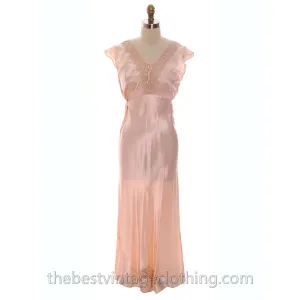 Lovely NOS Vintage 1930s Bias Cut Nightgown Peach Rayon Satin M Pretty Details