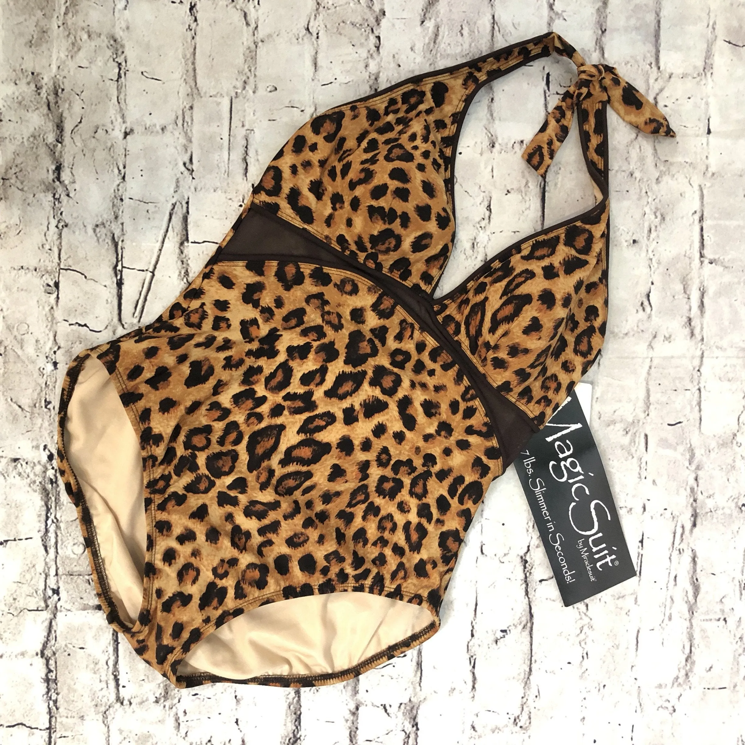 MAGIC SUIT Brown Leopard Print with Black Mesh Insert One Piece Swimsuit Size 12 NWT