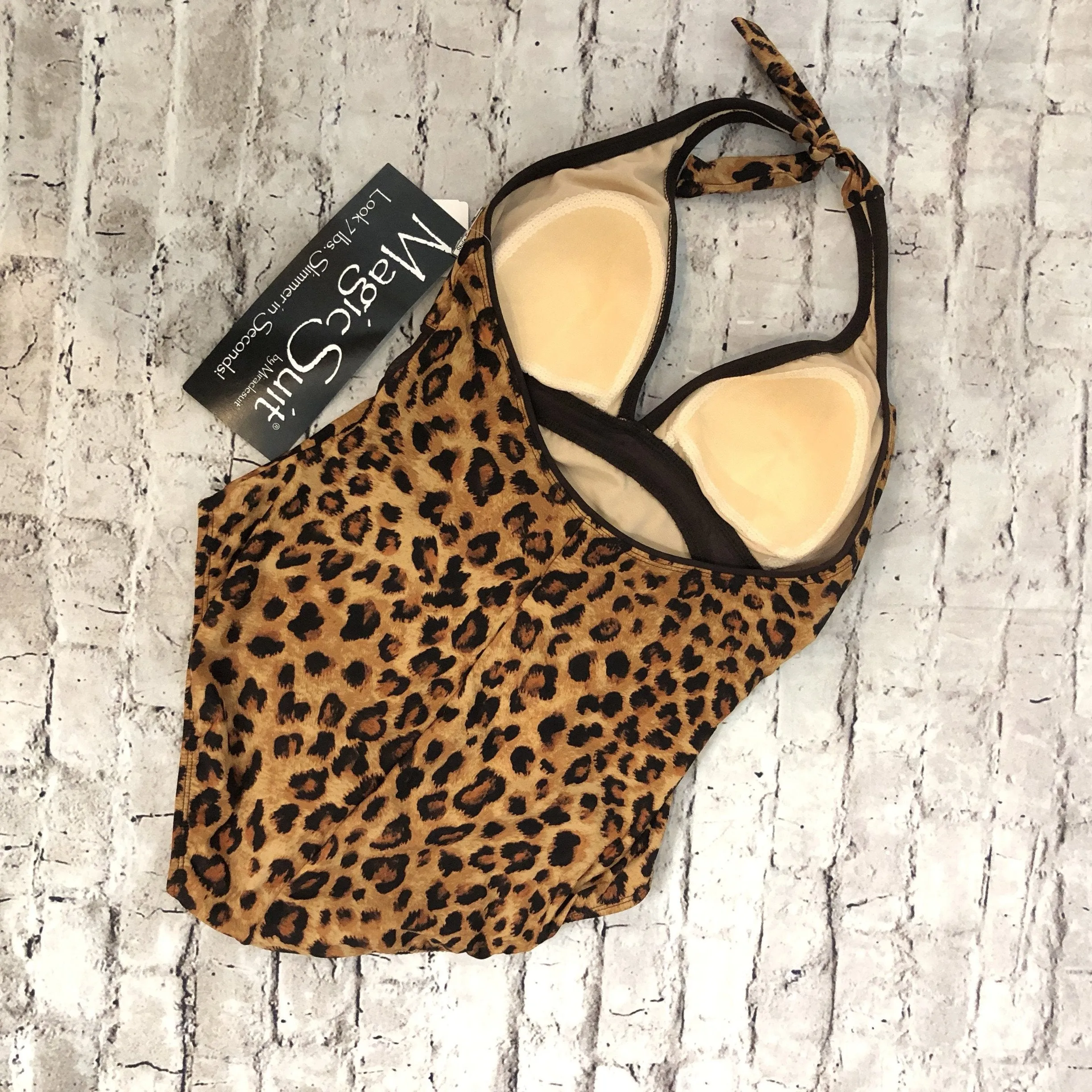 MAGIC SUIT Brown Leopard Print with Black Mesh Insert One Piece Swimsuit Size 12 NWT
