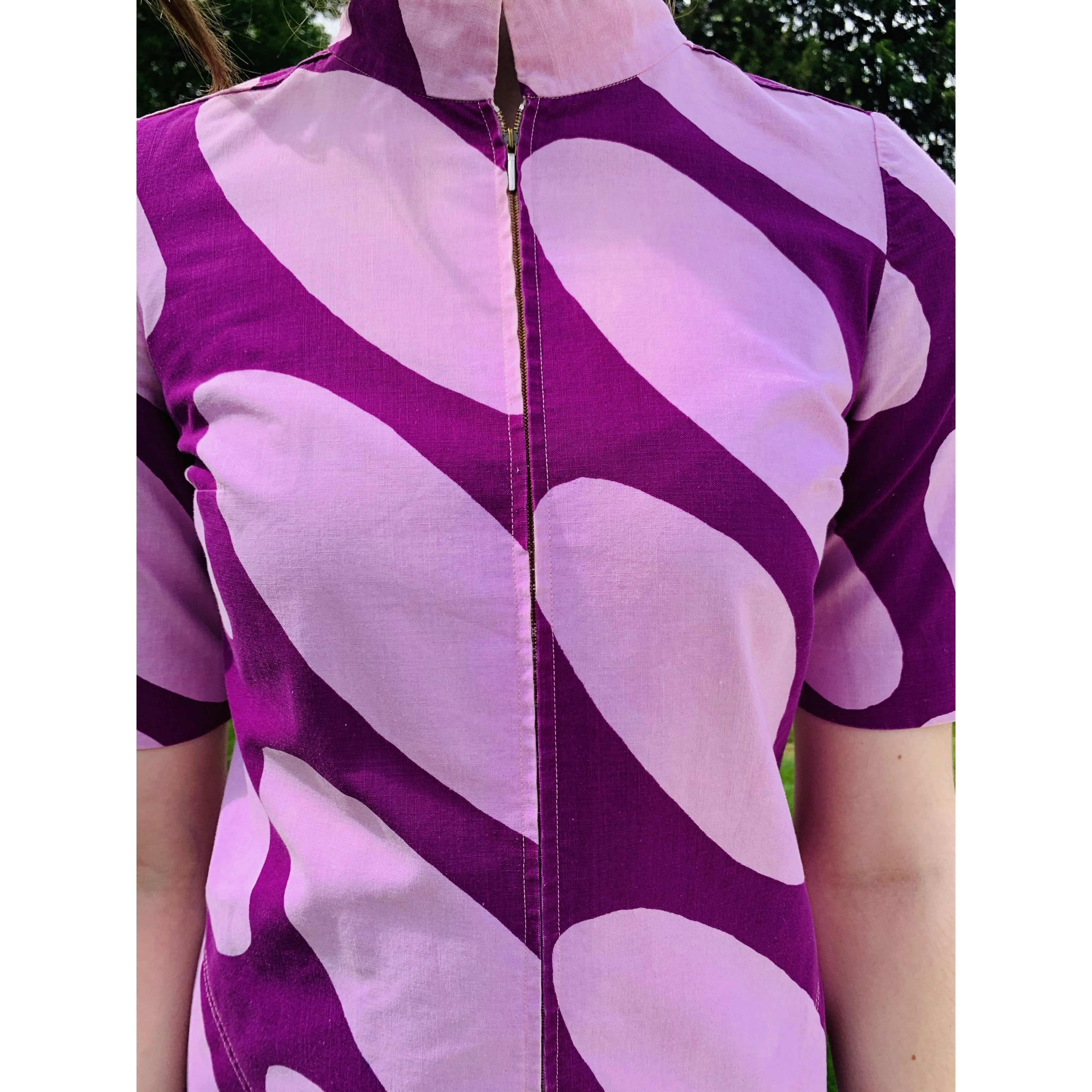 Marimekko ”Linssi” by Kaarina Kellomäki Vintage1966 Mini Dress 34 S Purple Pink Polka Dot
