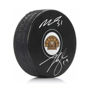 Matthew Poitras Johnny Beecher Autographed Boston Bruins 100th Ann. Puck JSA PSA