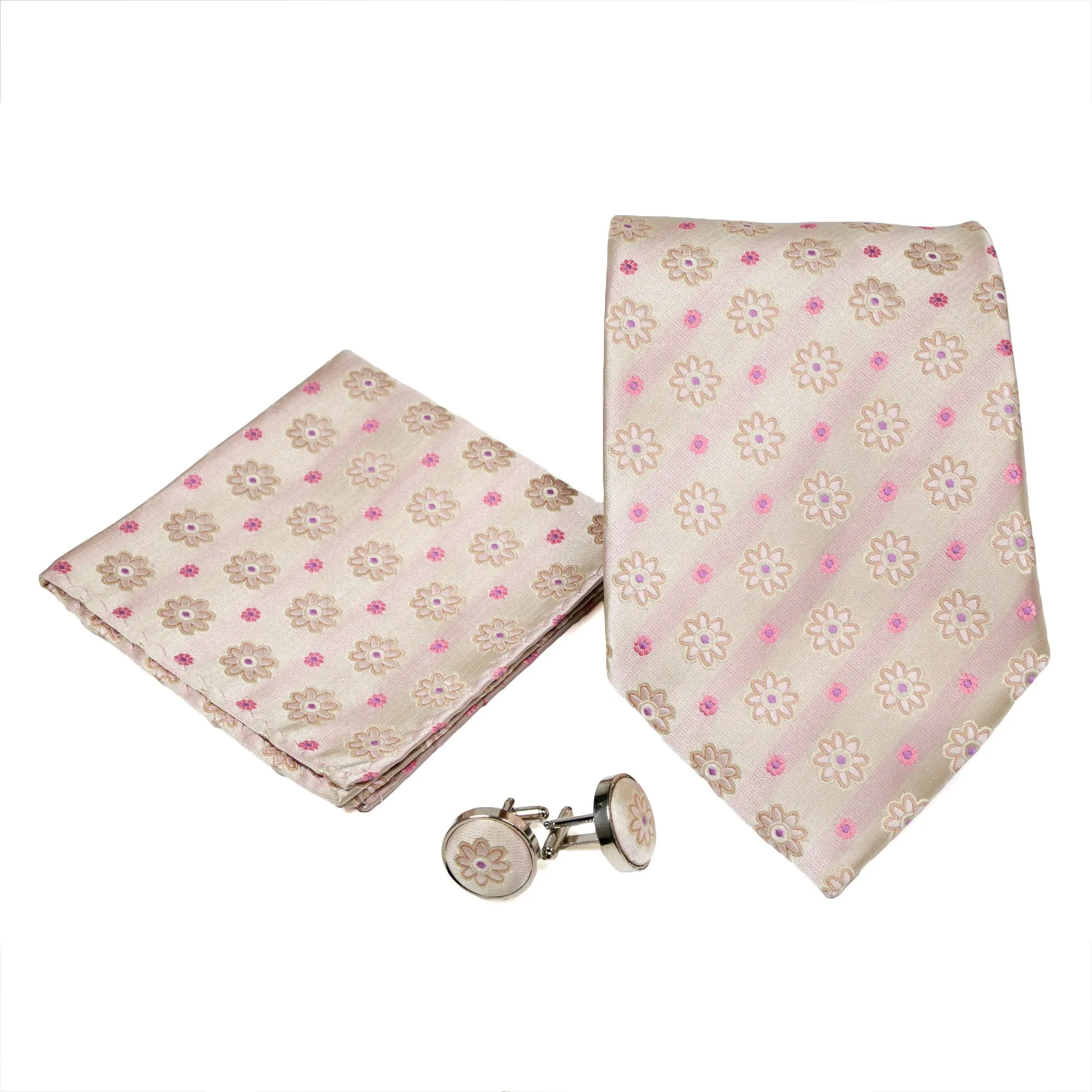 Men's Beige/Pink Floral Grid Geometric Pattern Design 4-pc Necktie Box Set