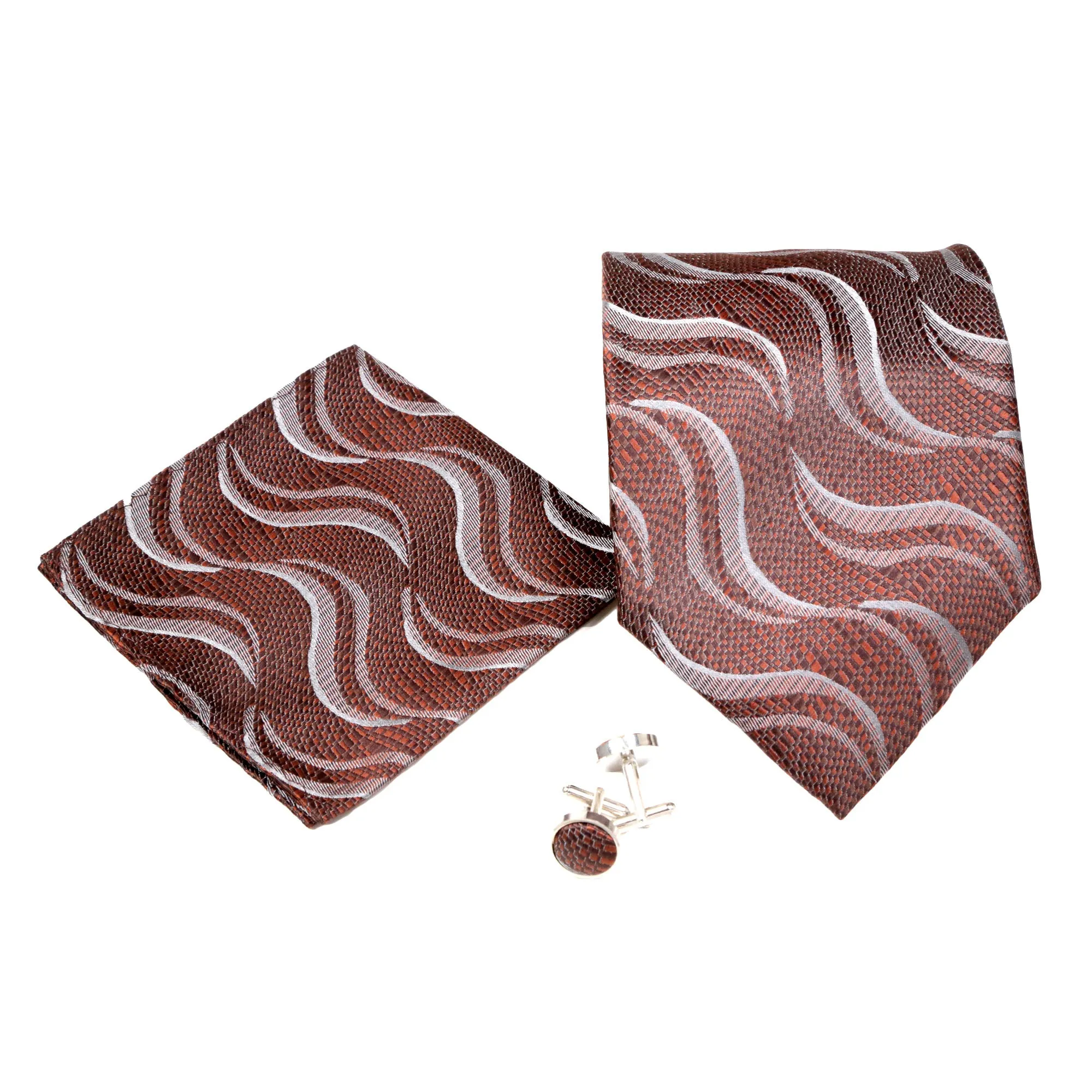 Men's Brown Wavy Geometric Pattern Design 4-pc Necktie Box Set