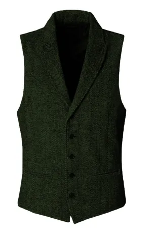 Mens Harris Tweed Herringbone Peak Lapel Waistcoat - Army Green