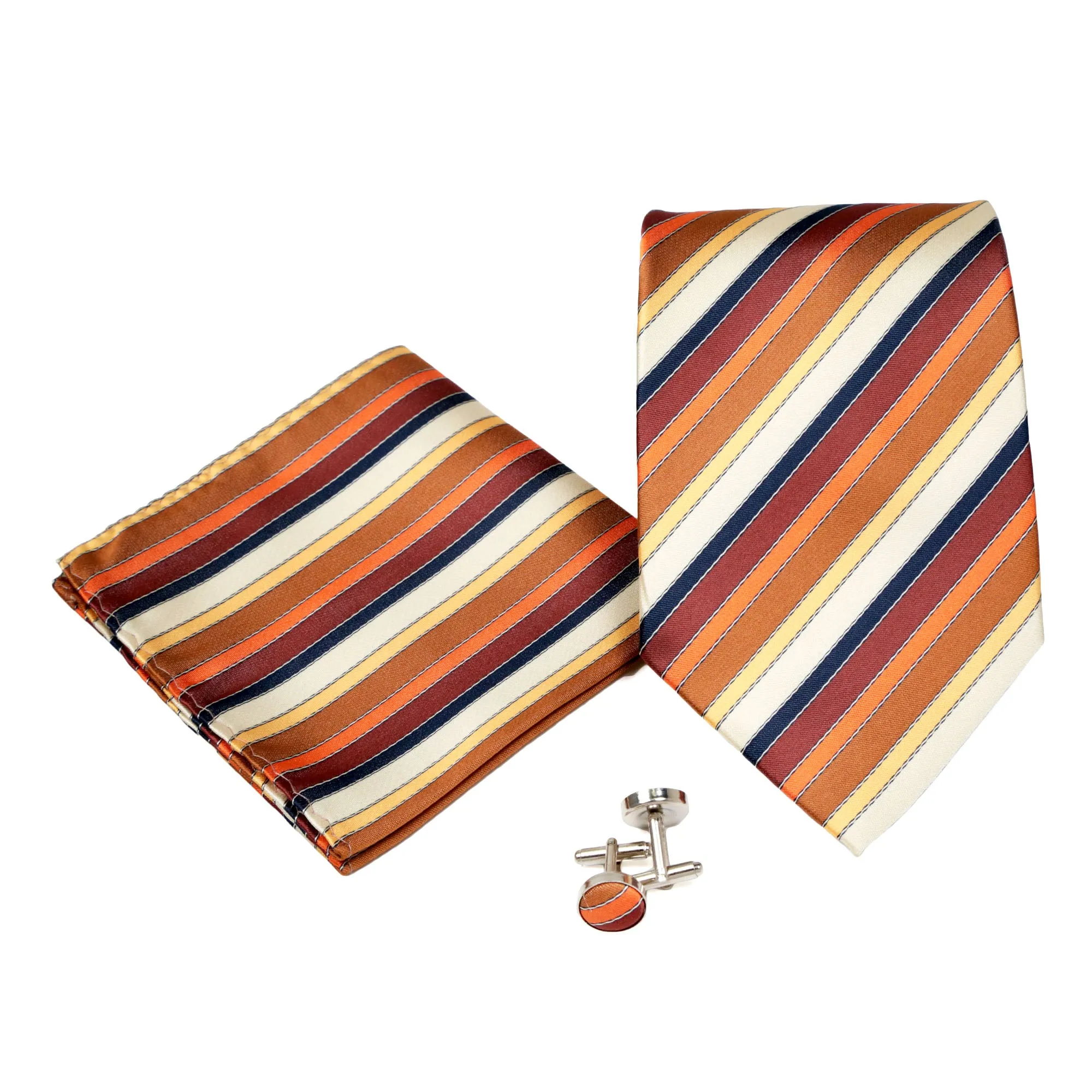 Men's Orange-Brown Striped Geometric Pattern Design 4-pc Necktie Box Set