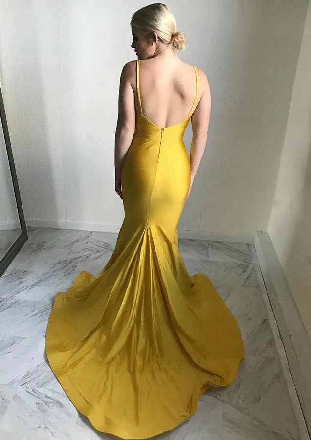 Mermaid Sleeveless Surplice V-neck Jersey Backless Court Train Long Prom Dress