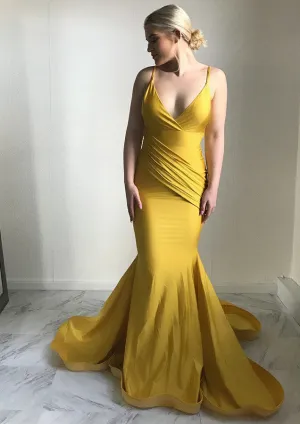 Mermaid Sleeveless Surplice V-neck Jersey Backless Court Train Long Prom Dress
