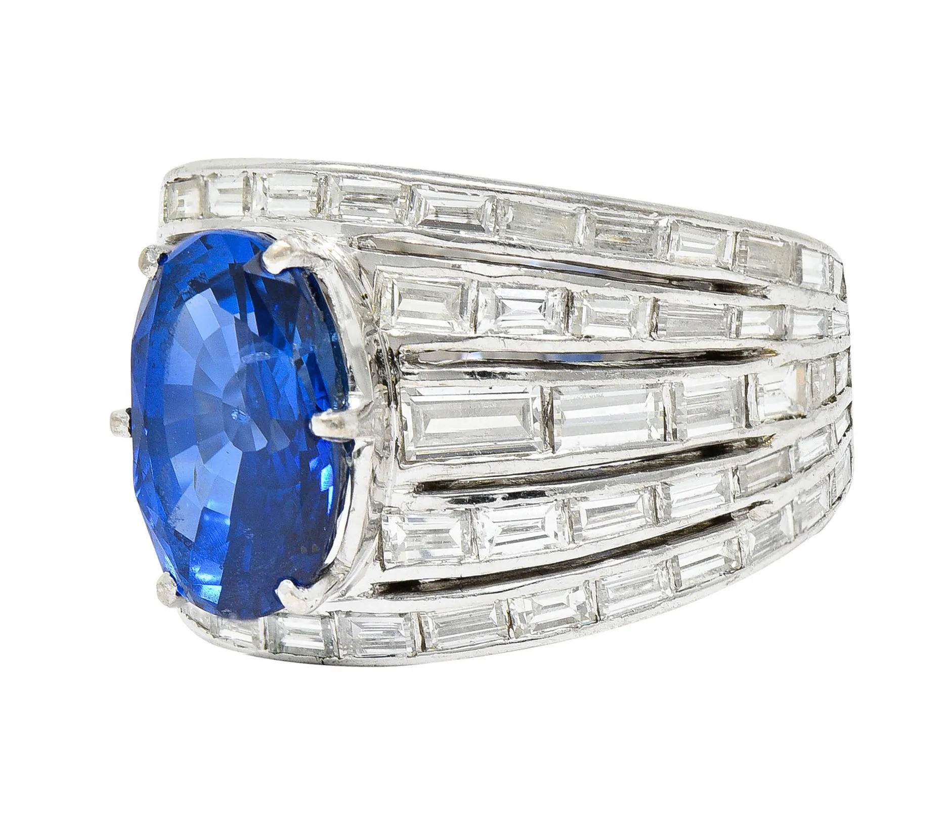 Mid-Century 6.90 CTW No Heat Ceylon Sapphire Diamond 18 Karat White Gold Band Vintage Ring GIA
