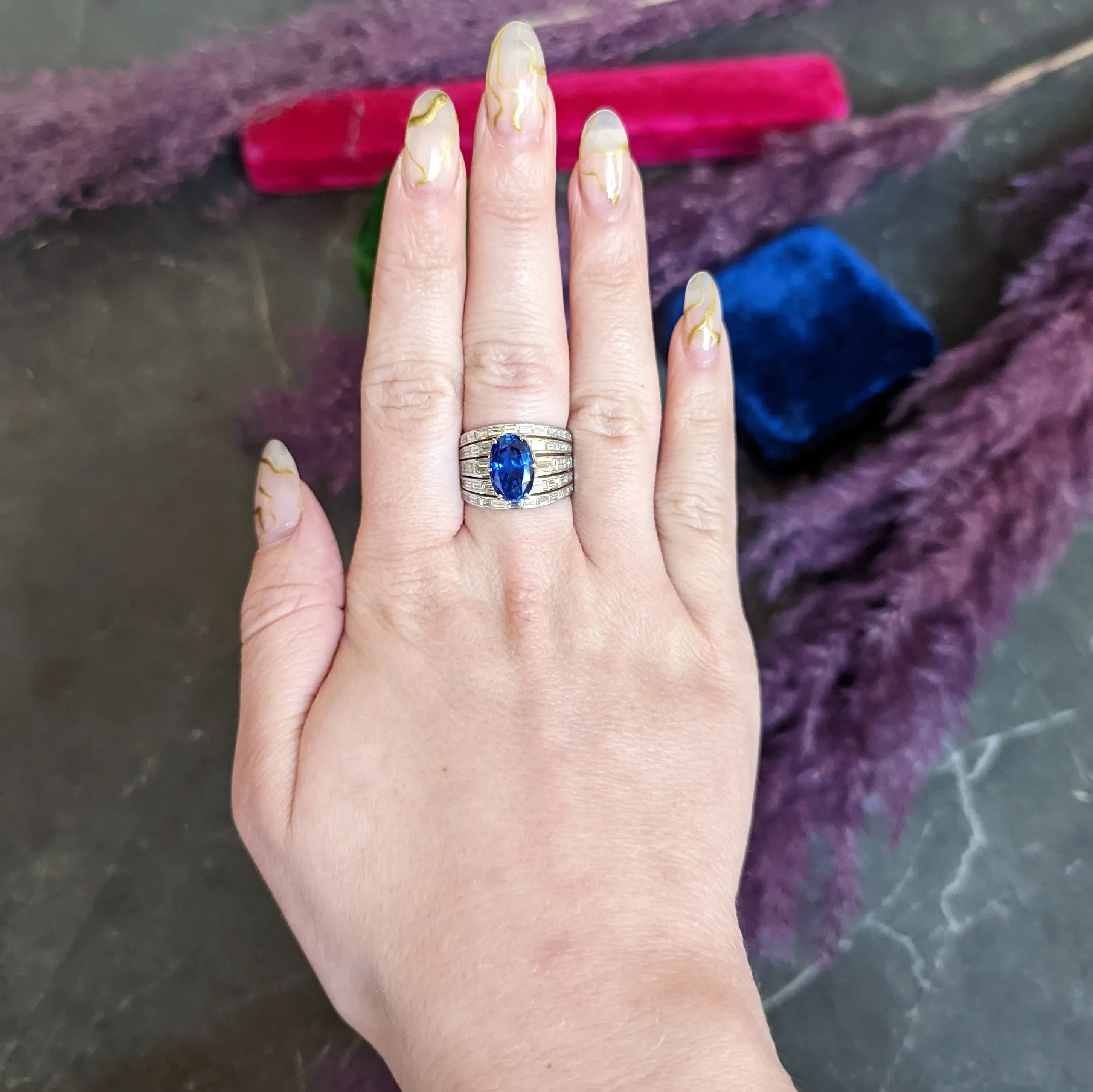 Mid-Century 6.90 CTW No Heat Ceylon Sapphire Diamond 18 Karat White Gold Band Vintage Ring GIA