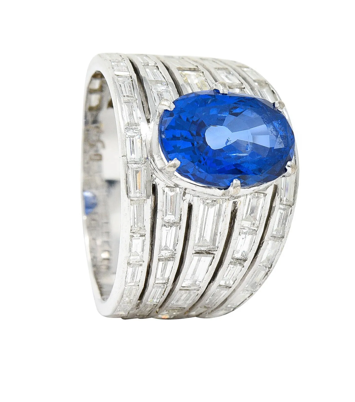 Mid-Century 6.90 CTW No Heat Ceylon Sapphire Diamond 18 Karat White Gold Band Vintage Ring GIA