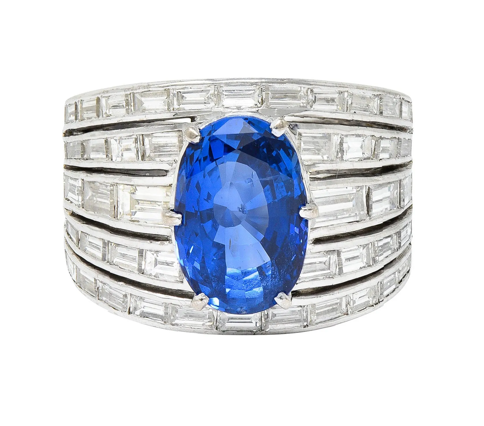 Mid-Century 6.90 CTW No Heat Ceylon Sapphire Diamond 18 Karat White Gold Band Vintage Ring GIA