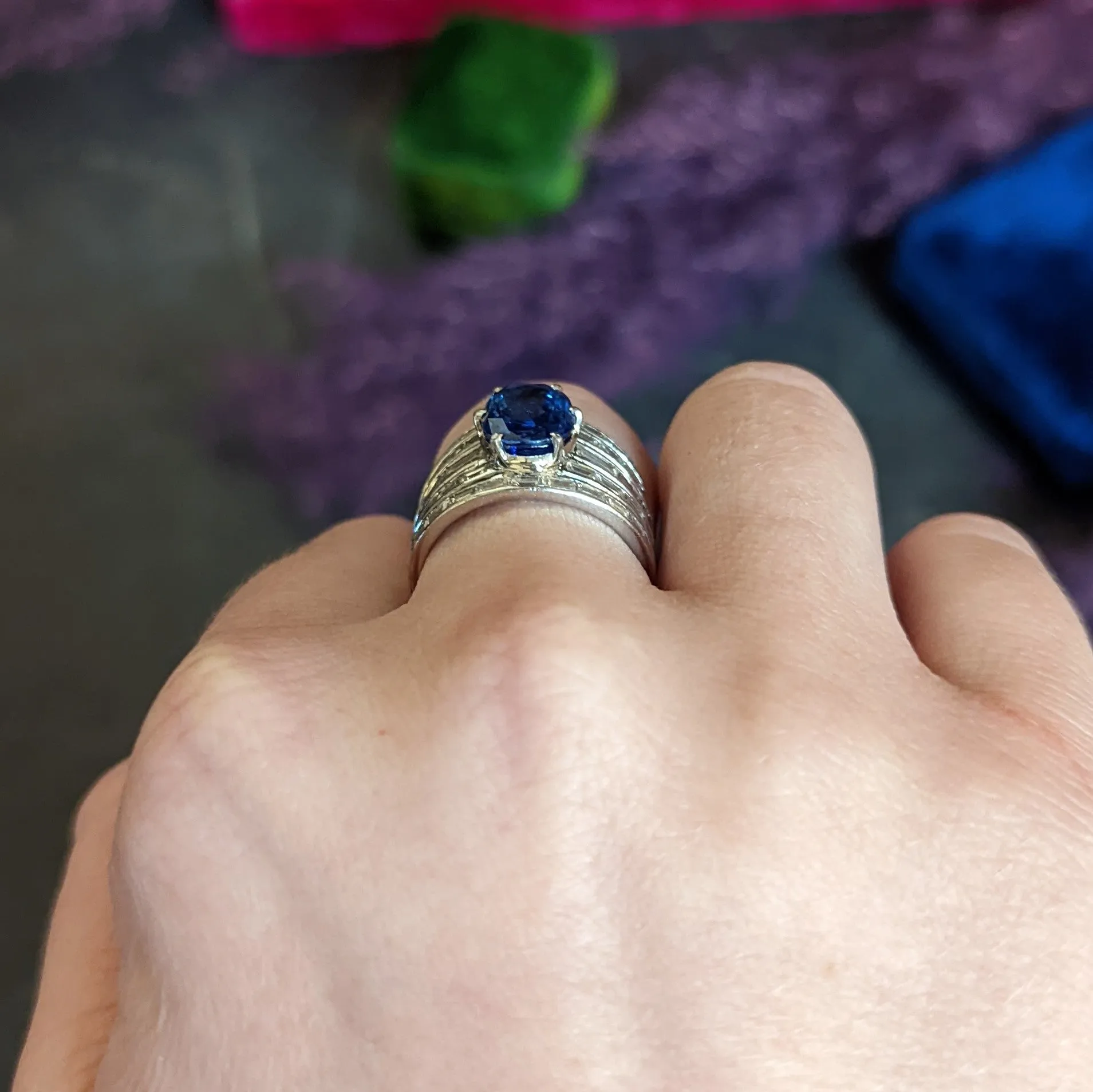 Mid-Century 6.90 CTW No Heat Ceylon Sapphire Diamond 18 Karat White Gold Band Vintage Ring GIA