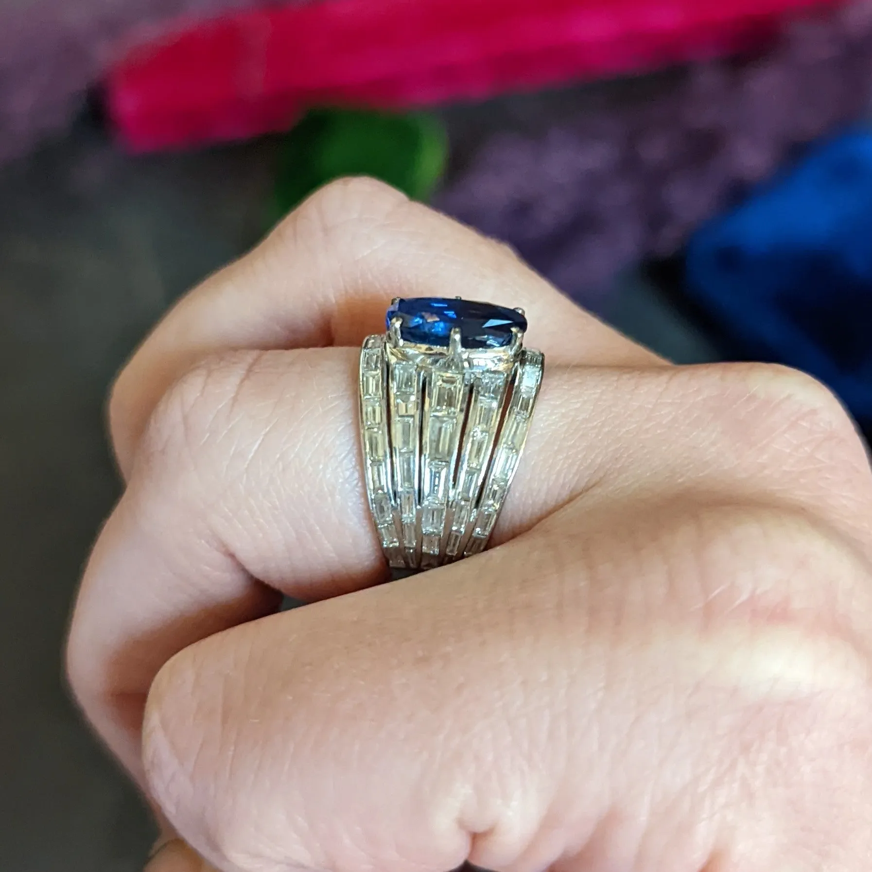 Mid-Century 6.90 CTW No Heat Ceylon Sapphire Diamond 18 Karat White Gold Band Vintage Ring GIA