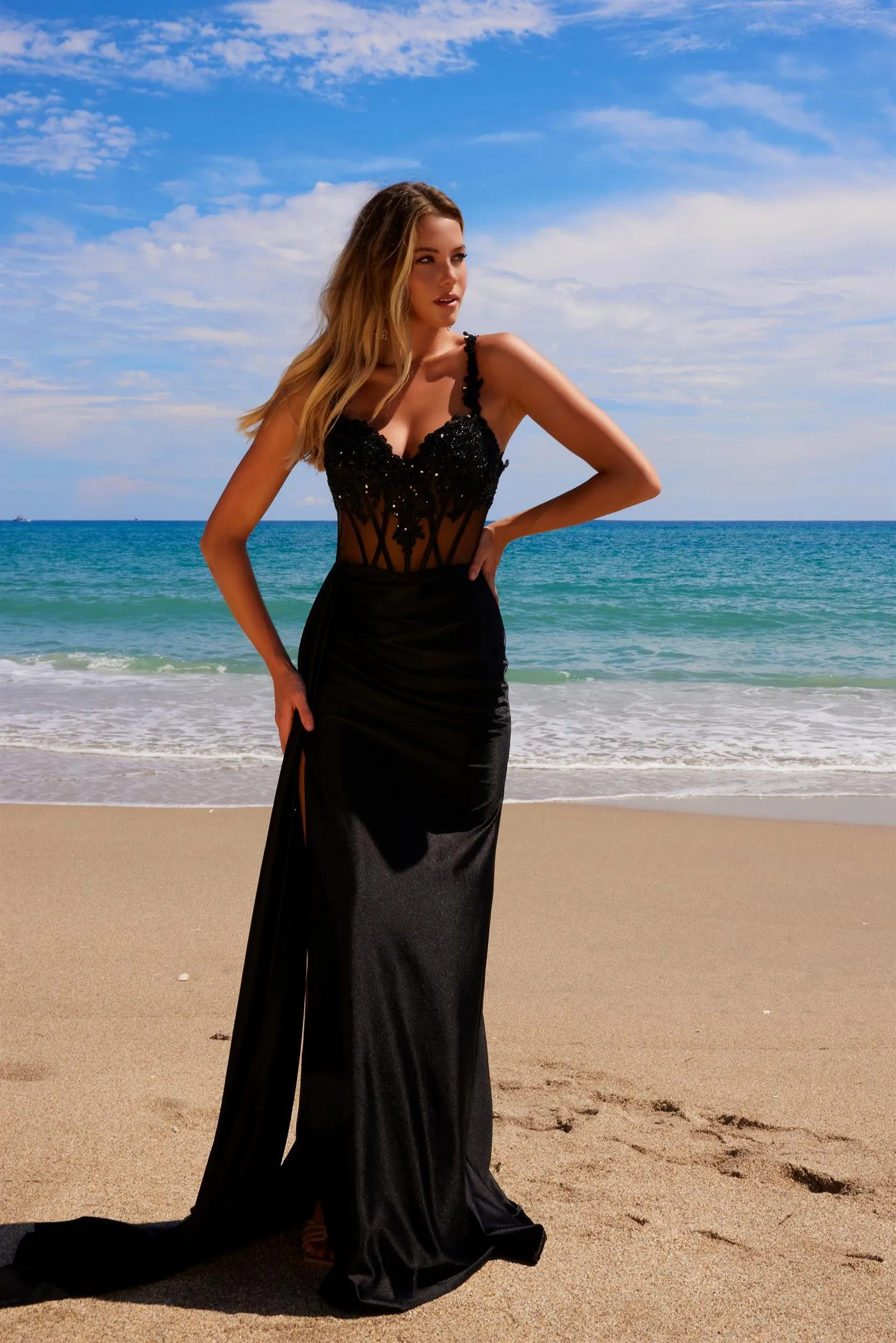 N E1711 - Satin Beaded Applique Fit & Flare Prom Gown with Sheer Boned Sweet Heart Bodice Leg Slit & Side Sash