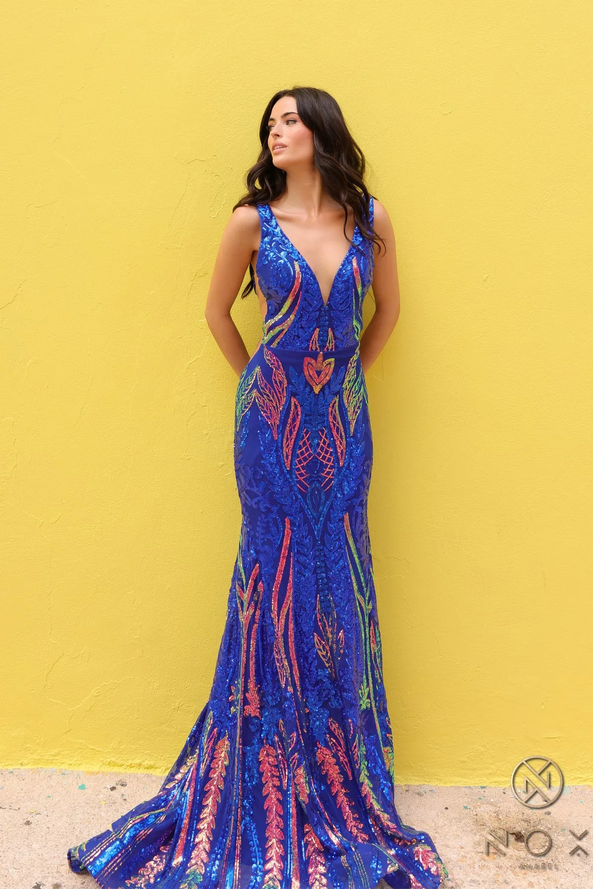 N R1402 - Iridescent Sequin Print Fit & Flare Prom Gown with V-Neck & Sheer Underarms