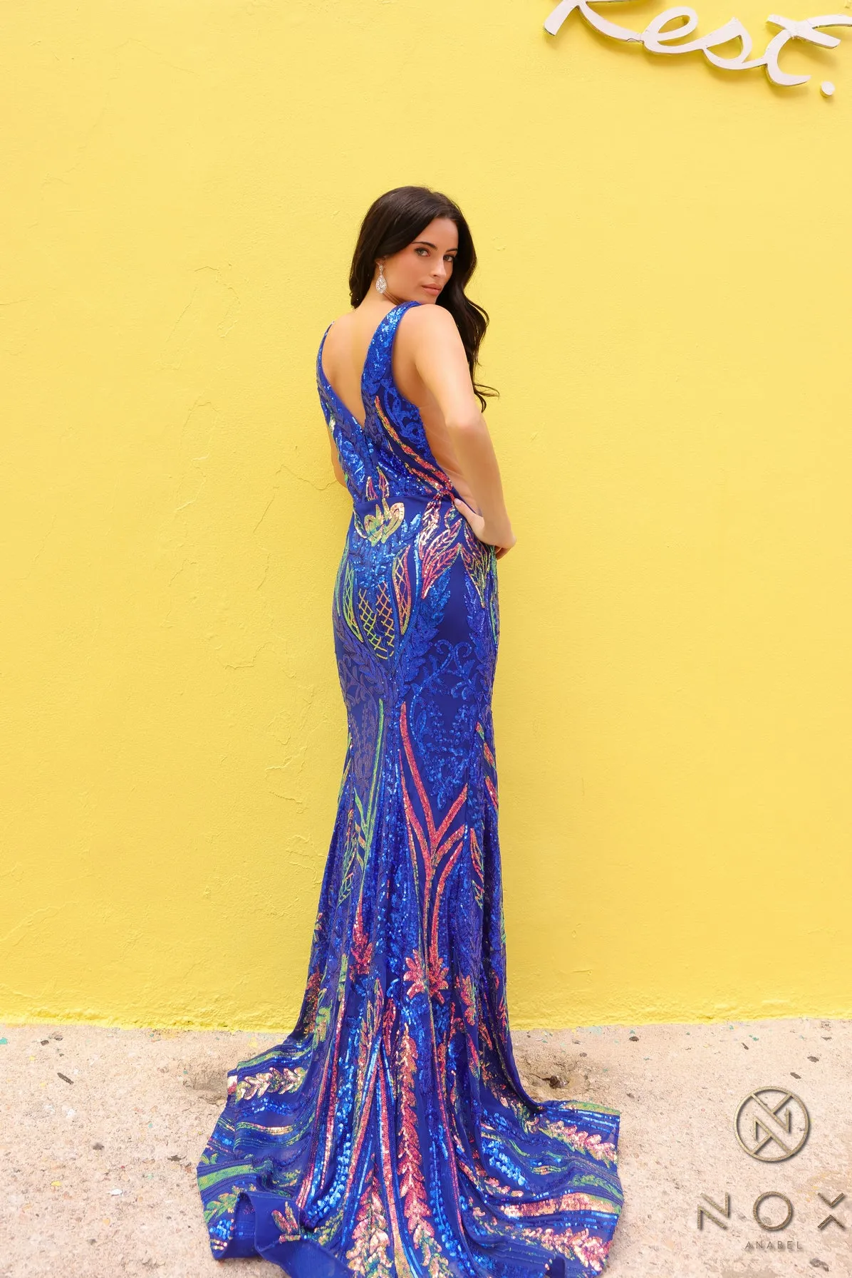 N R1402 - Iridescent Sequin Print Fit & Flare Prom Gown with V-Neck & Sheer Underarms