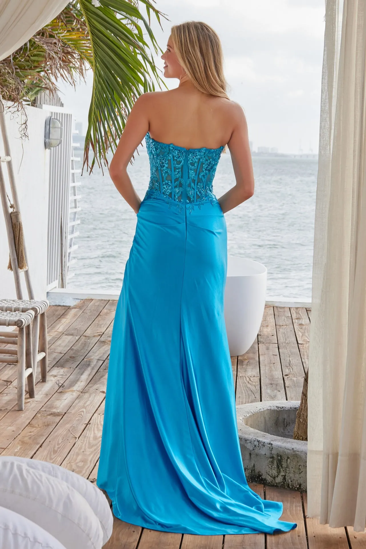 N R1690 - Strapless Stretch Satin Fit & Flare Prom Gown with Sheer Sequin Appliqued Bodice & Leg Slit
