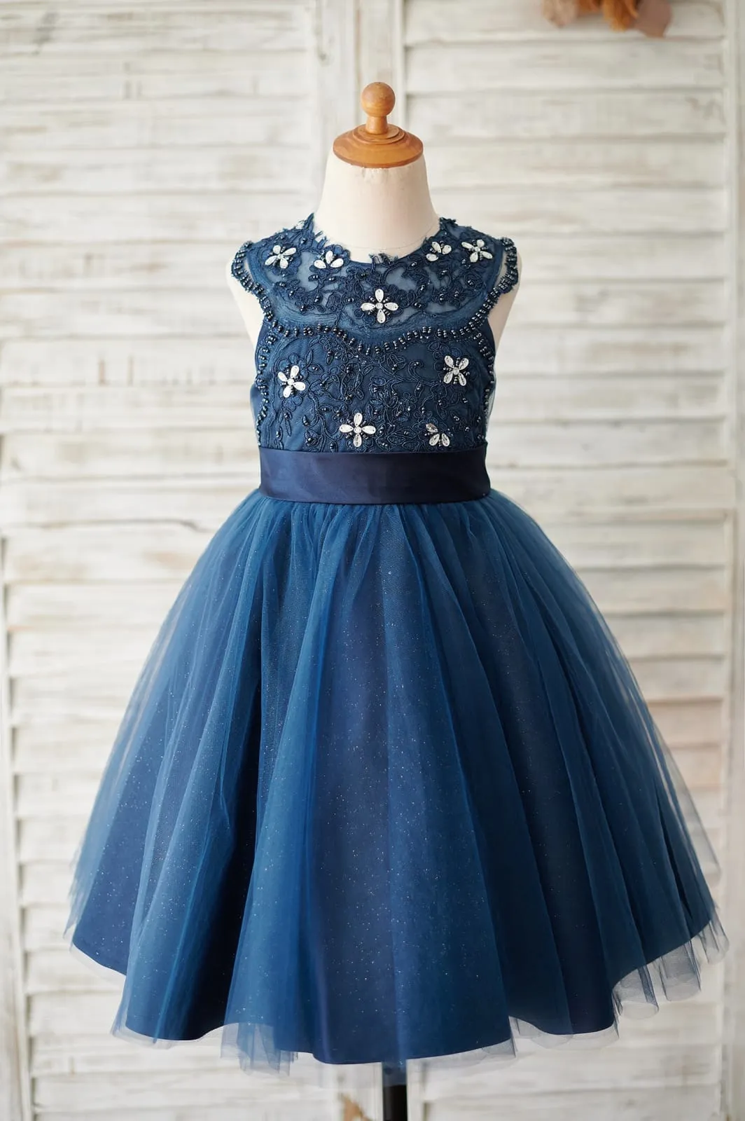 Navy Blue Lace Glitter Tulle Beaded Cross Back Wedding Flower Girl Dress