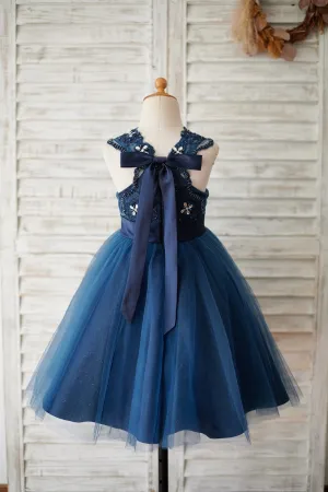 Navy Blue Lace Glitter Tulle Beaded Cross Back Wedding Flower Girl Dress